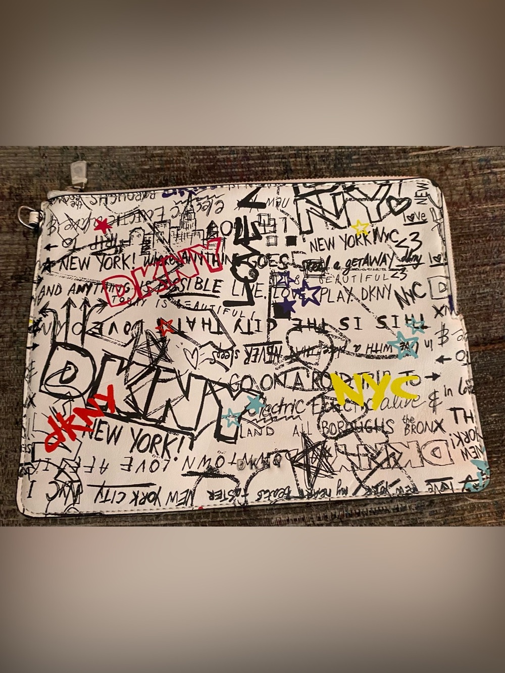 DKNY White Graffiti Zip Pouch with Multicolor Accents